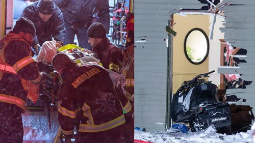 Photo de la maison dans laquelle la motoneige a foncé; photo des ambulanciers qui transportent une civière devant la maison.