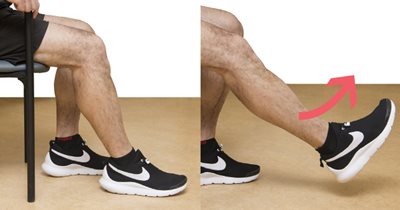 Démonstration de l'exercice 3, sur la première photo le pied est au sol et sur la deuxième il se lève en dépliant le genou.