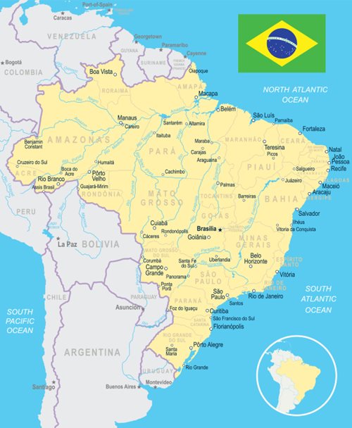 Le Brésil est un pays qui occupe une grande partie de l’Amérique du Sud. Sur son drapeau, on peut lire la devise Ordem e progresso, soit « ordre et progrès ». Source : Getty Images. Carte de l'Amérique du Sud, avec zoom sur le Brésil, et drapeau du Brésil.