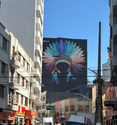 Une autre murale au centre-ville de São Paulo. Source : Barbara Ramirez. Photo d'une murale représentant une parure en plumes.