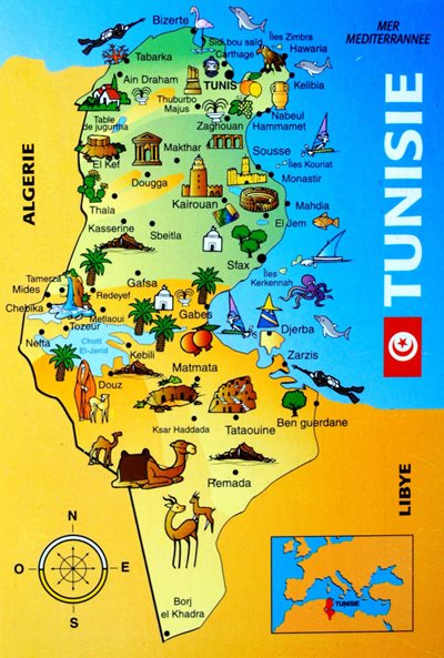 La Tunisie est un petit pays situé dans le nord de l’Afrique, entre l’Algérie et la Libye. Source : Pinterest. Carte imagée de la Tunisie.