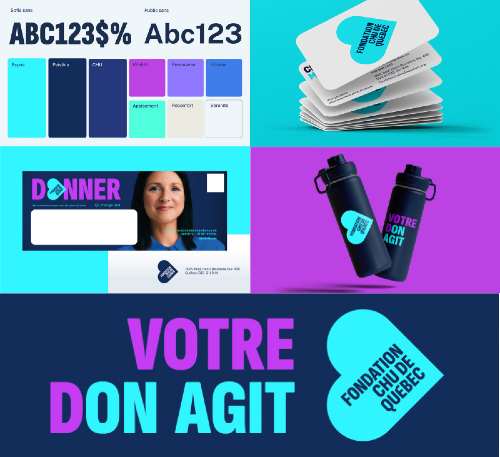 Source : Fondation du CHU de Québec. Exemples d'utilisation de la nouvelle image de marque de la Fondation du CHU de Québec.
