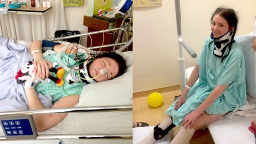 Photos de Sarah-Maude dans son lit d'hôpital et en séance de réadaptation.