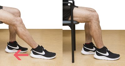 Démonstration de l'exercice 2, la personne à la jambe opérée avancée et on voit une flèche qui montre que le pied recule vers la personne.