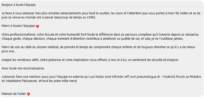 Message de remerciements adressé au personnel du Centre mère-enfant Soleil.