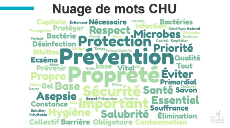 Source : Direction des soins infirmiers. Image d'un nuage de mots sur l'hygiène des mains.