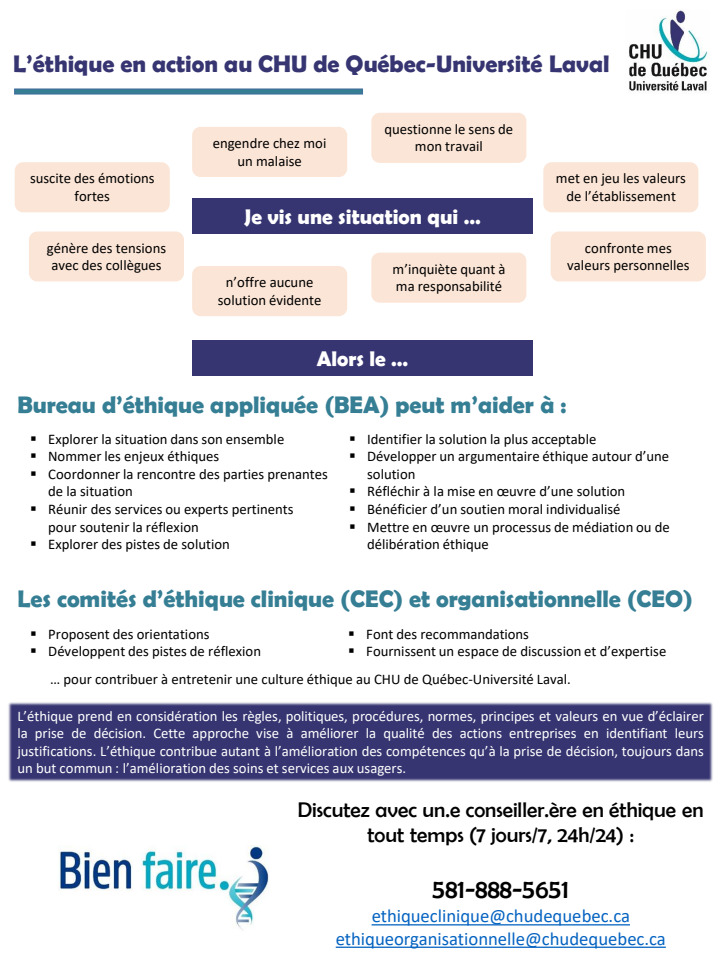 Présentation des services du Bureau d'éthique appliquée du CHU.