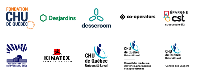 Logos des commanditaires de la soirée, la Fondation du CHU de Québec, Desjardins, Dessercom, Co-operators, Épargne CST, Association des bénévoles du CHUL, Kinatex sports physio, CHU de Québec-Université Laval, Conseil des médecins, dentistes, pharmaciens et sages-femmes du CHU, Comité des usagers du CHU