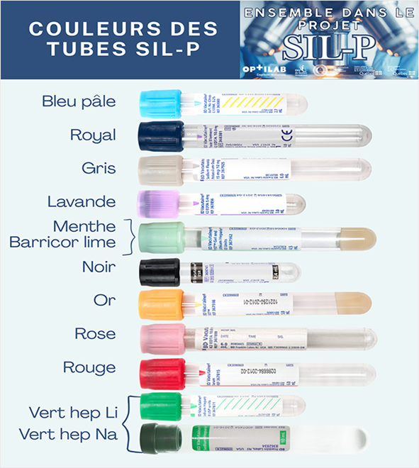Photo des tubes avec les nouvelles couleurs qui sont : bleu pâle, royal, gris, lavande, menthe, noir, or, rose, rouge, vert héparine de lithium et vert héparine de sodium.