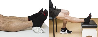 Démonstration de l'exercice 4, sur la première photo la personne est couchée avec une serviette roulée en dessous du talon, sur la deuxième photo la personne est assise sur une chaise avec seulement le pied de la jambe opérée sur un tabouret devant elle.