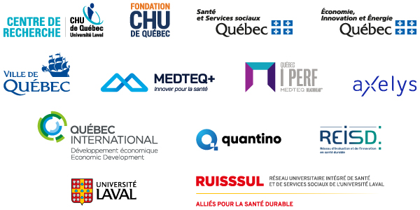 Logo des différents partenaires, centre de recherche du CHU de Québec-Université Laval, Fondation du CHU de Québec, Ministère de la santé et des services sociaux du Québec, Ministère de l'économie, innovation et énergie du Québec, Université Laval, Medteq plus, I perf Québec, Axelys, Québec international, Quantino et le réseau d'évaluation et de l'innovation en santé durable.
