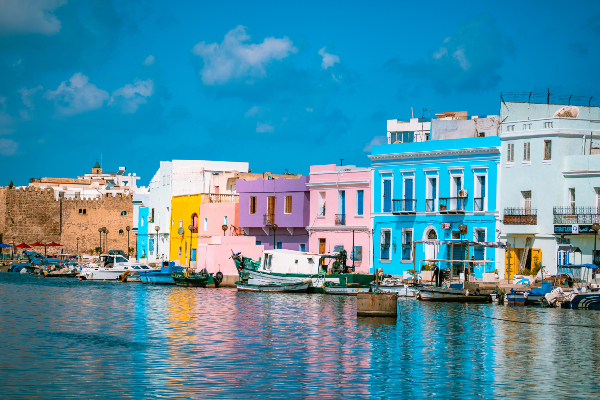 Le vieux port de Bizerte, sur la Méditerranée. Source : Getty Images. Des maisons colorées bordent la mer à Bizerte.